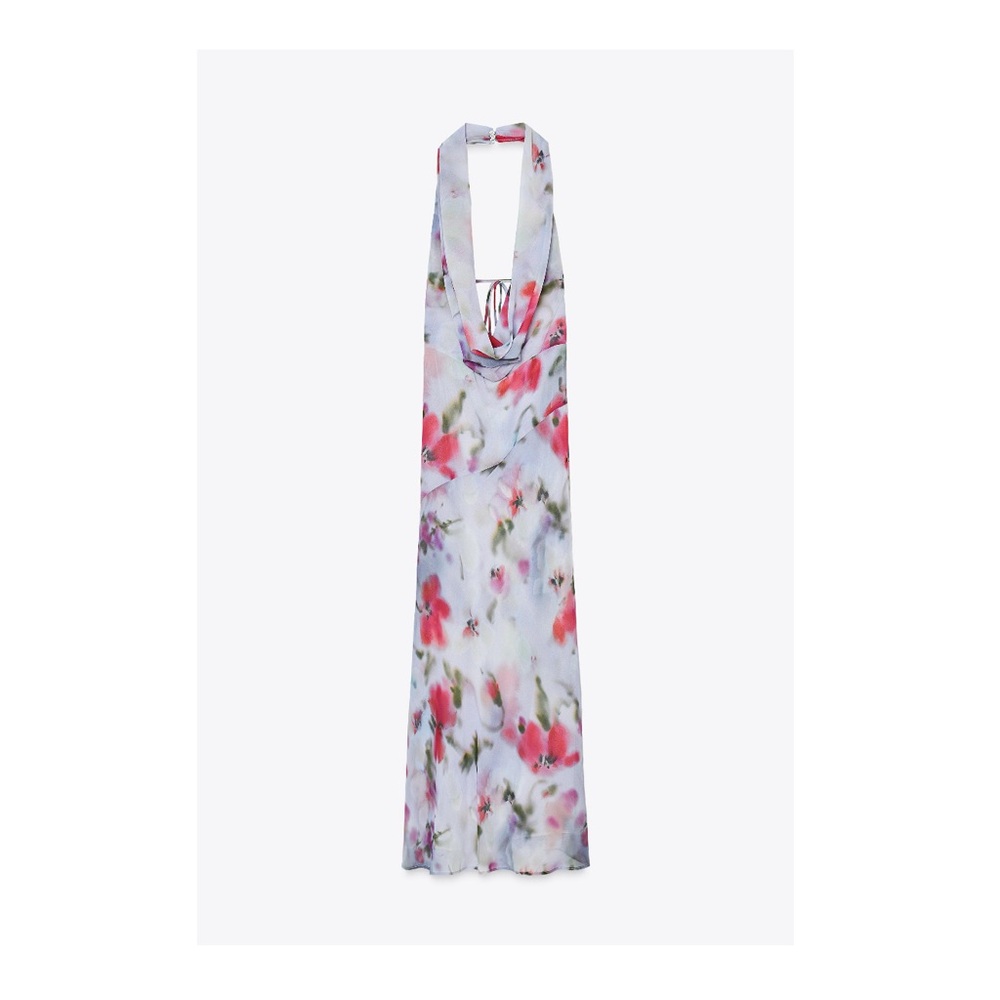 Zara White Floral Halter Maxi Dress with Pink & Green Accents